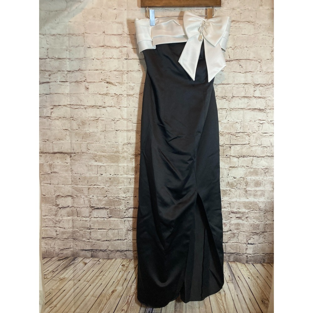 Vintage Y2K Nadine Evening Gown Womens 10 Black White Satin Pearls Bow‎ Detail